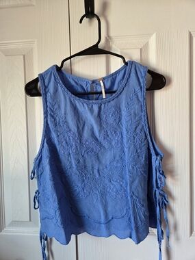 Free People Periwinkle Embroidered Sleeveless Tie-Side Tank